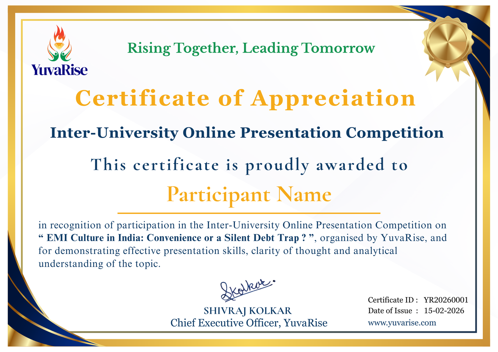 Certificate of Presentation Competition by YuvaRise
