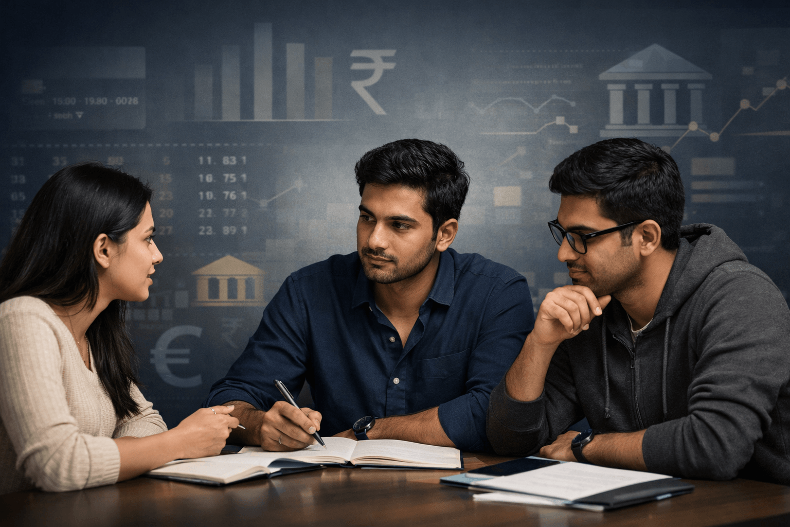 Indian university students discussing personal finance and EMI culture in a modern academic setting - YuvaRise Presentation competition topic