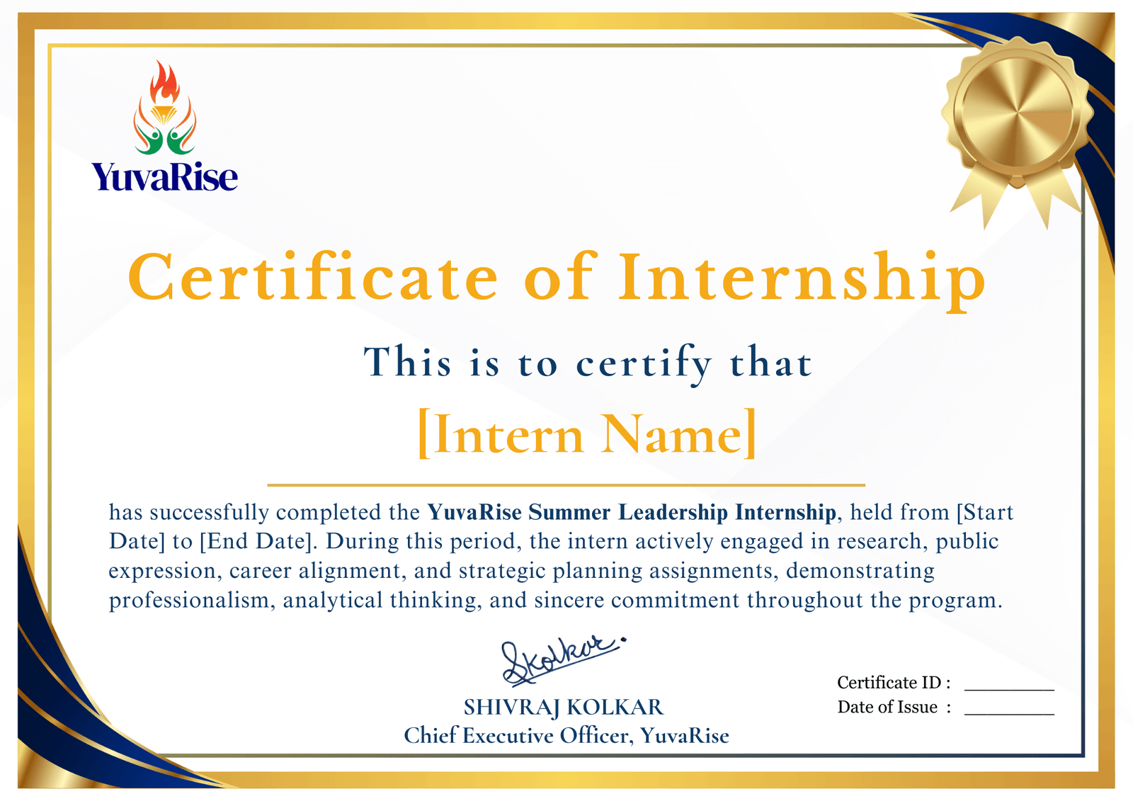 Certificate sample of YuvaRise Leadership internship for students