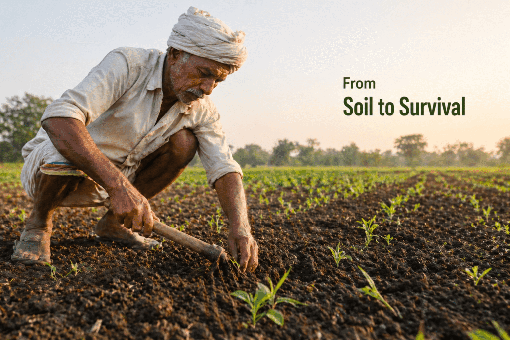 Indian farmer sowing seeds in field showing the process of agriculture and food production