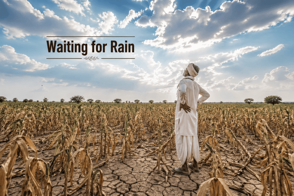 Indian farmer looking at sky in dry field waiting for rain as crops struggle due to drought