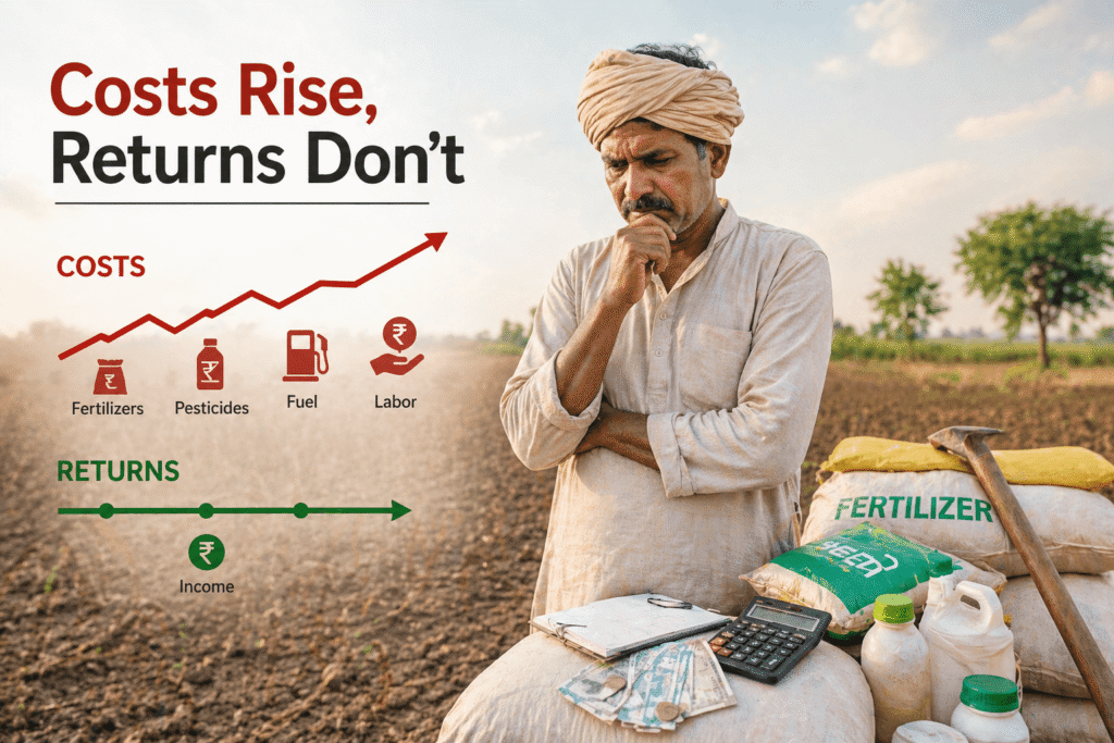 Indian farmer with fertilizers and tools showing rising farming costs and low income challenges