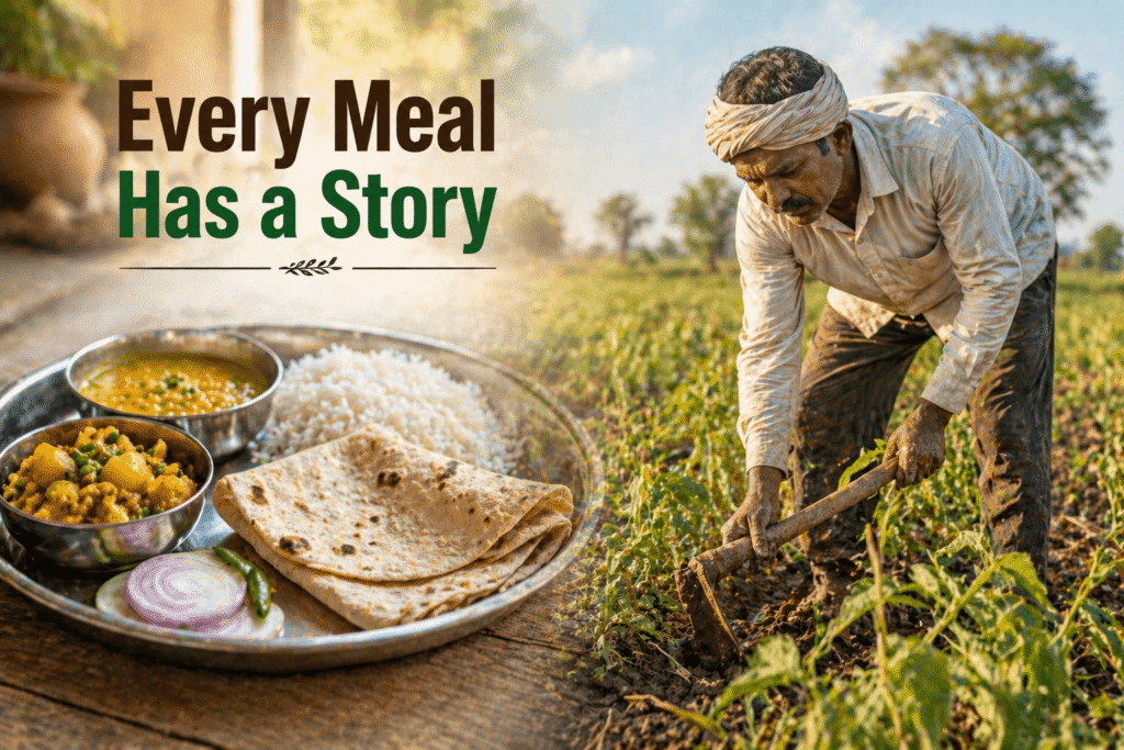 connection between food on plate and Indian farmer working in field showing journey of every meal