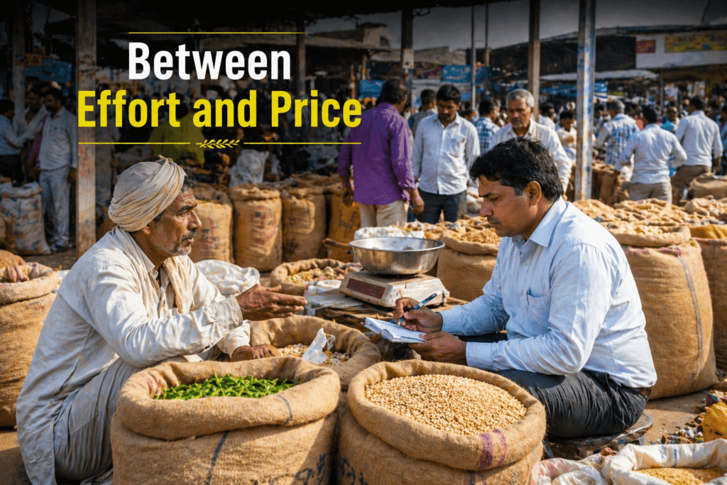 Indian farmer selling crops in agricultural market mandi interacting with buyer and traders