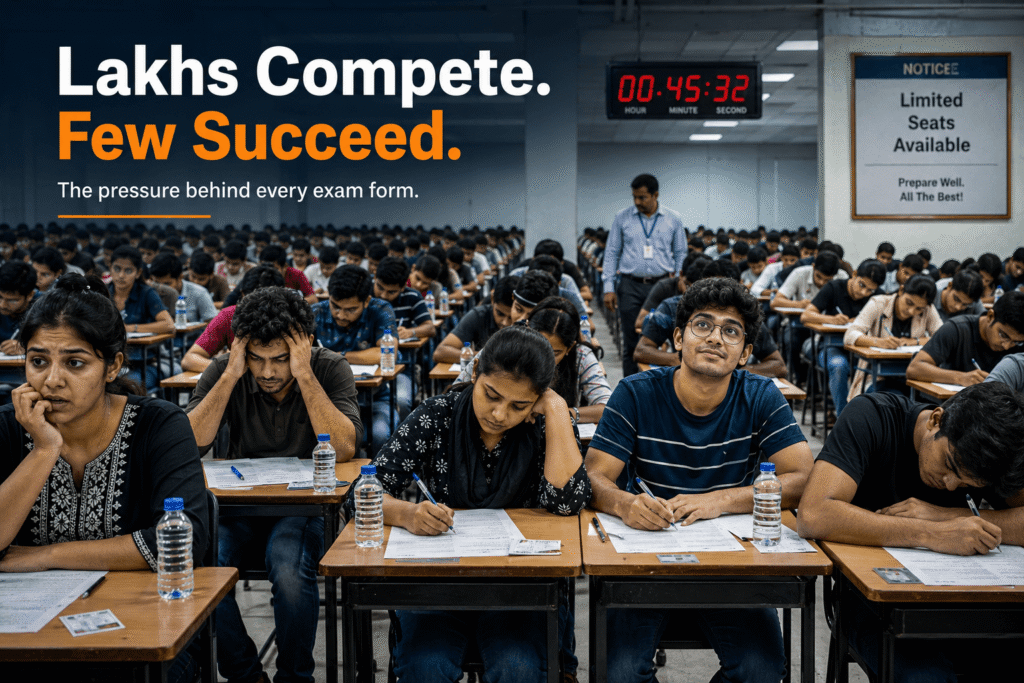 Students appearing for competitive exams in India inside crowded examination hall