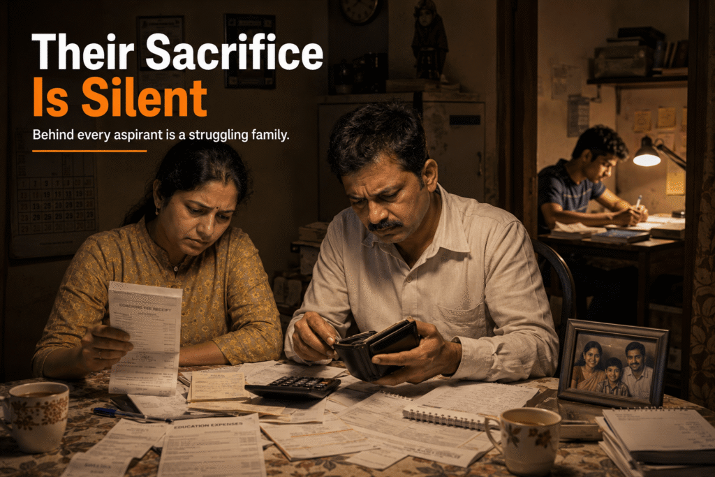 Middle class Indian parents managing education expenses for competitive exam preparation