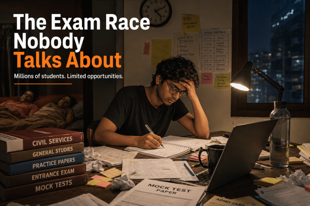 Indian student studying late at night showing competitive exam pressure in India