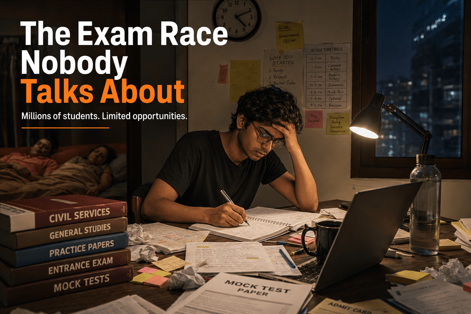 Indian student studying late at night showing competitive exam pressure in India