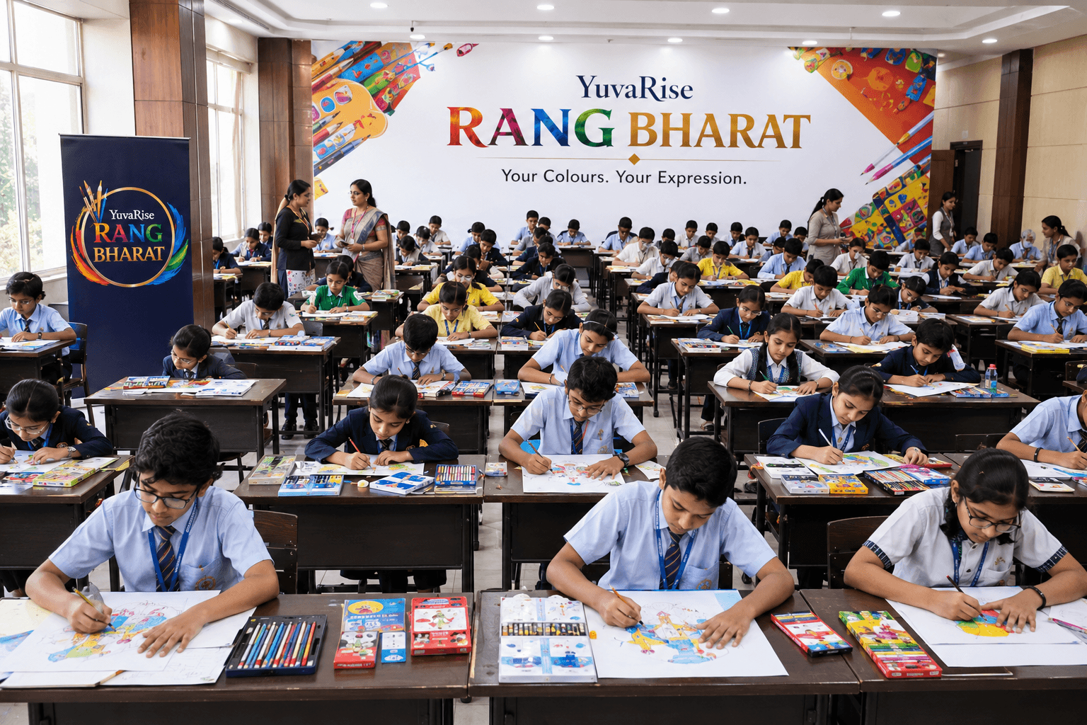 Students participating in YuvaRise Rang Bharat, state level art campaign