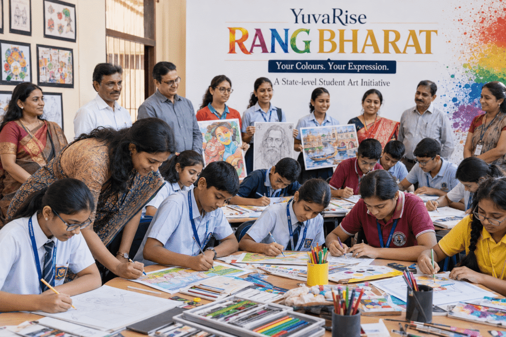 Students, teachers and school leaders participating in YuvaRise Rang Bharat 2026 Drawing Competition across Maharashtra