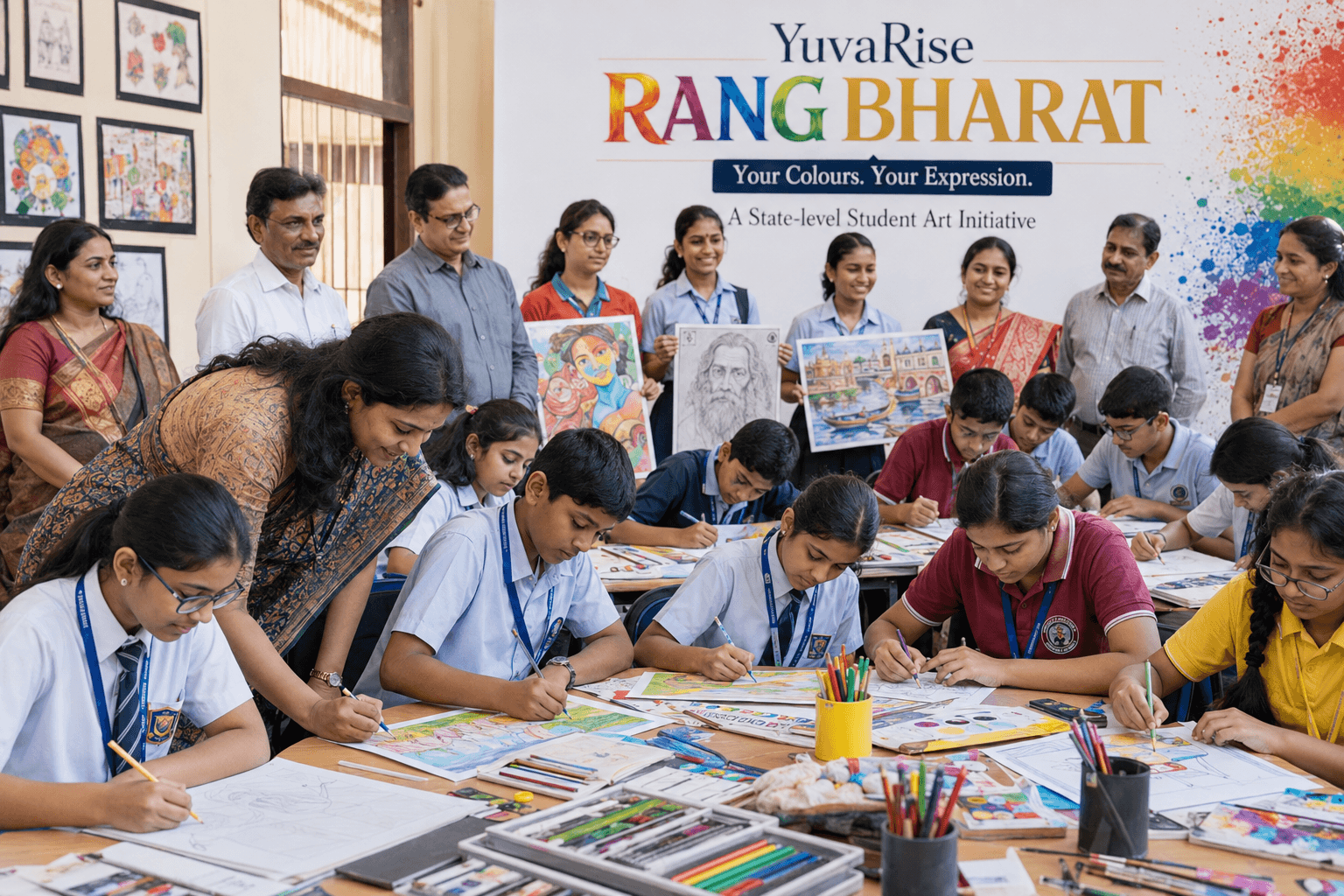 Students, teachers and school leaders participating in YuvaRise Rang Bharat 2026 Drawing Competition across Maharashtra