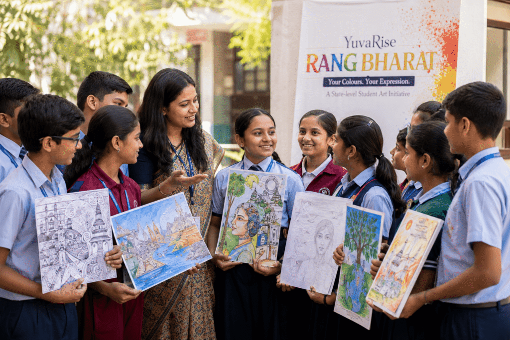 Students and art teacher promoting creativity through YuvaRise Rang Bharat Drawing Competition 2026