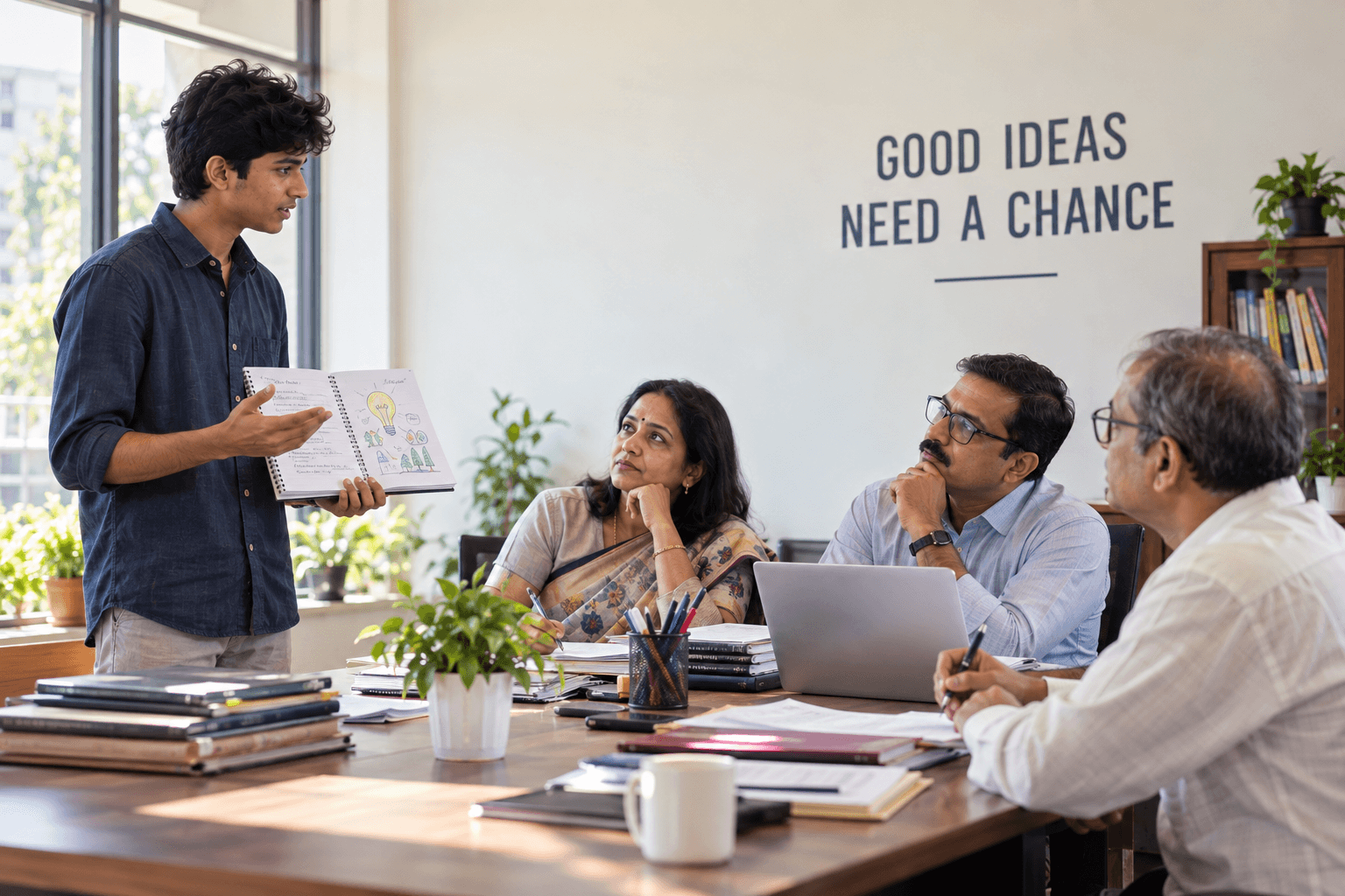 A young person presenting a new idea while others listen and consider it — a reflection on barriers to change