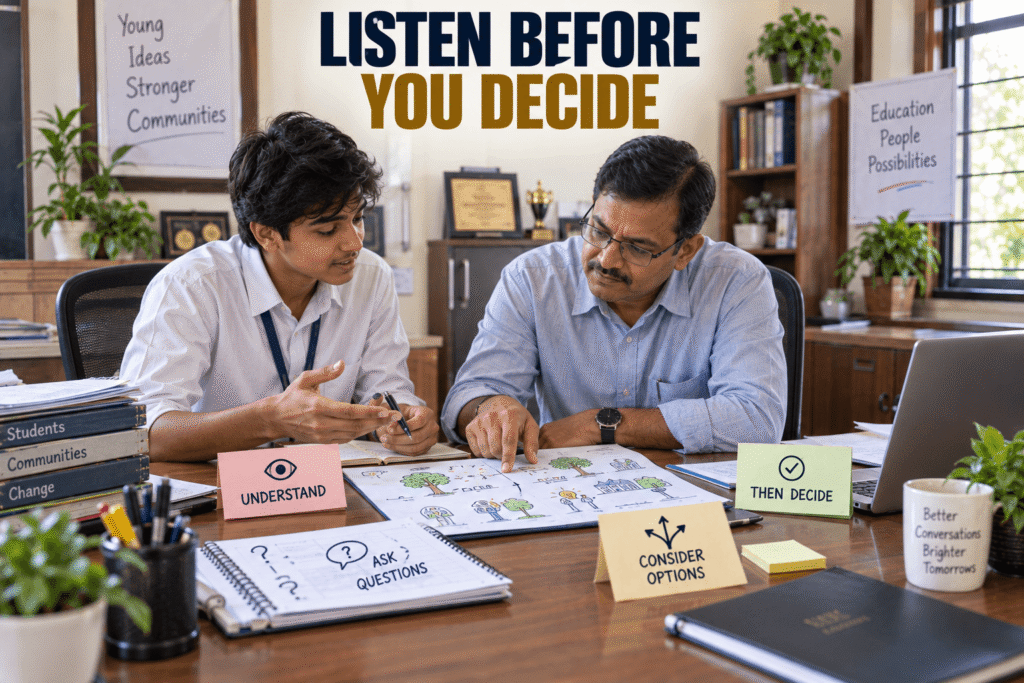 A young person discussing an idea with a decision-maker who listens, asks questions and considers the proposal