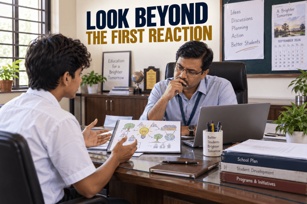A young person explaining an initiative while a decision-maker takes time to consider it before responding